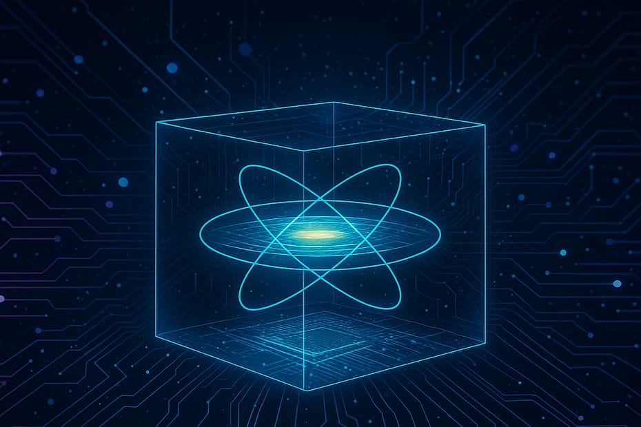 A futuristic digital illustration of quantum computing showing a glowing quantum chip and neon circuit lines in a technology landscape.