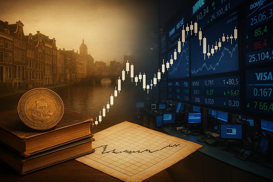 A historical-to-modern stock market illustration showing Amsterdam merchant trade origins transitioning into modern Wall Street electronic trading screens.