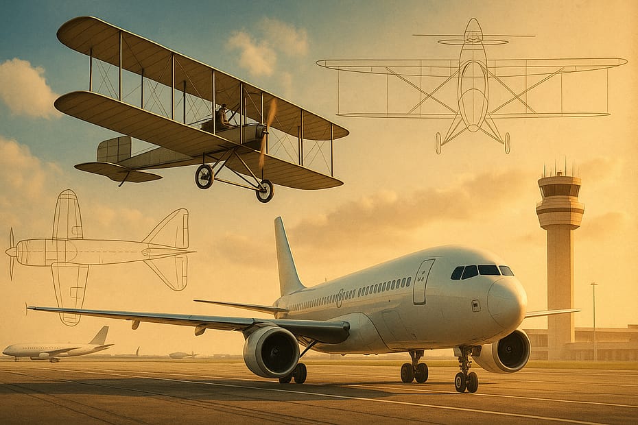 A landscape aviation illustration showing the evolution of airplanes from early biplanes to modern commercial jets at sunset.