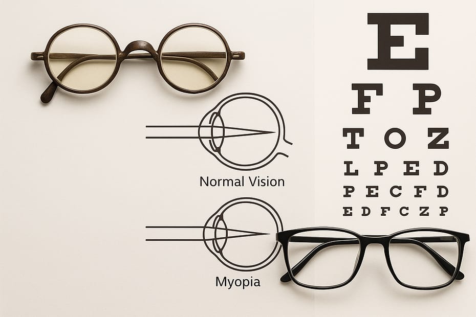 Historical and modern eyeglasses displayed with eye diagrams showing normal vision and myopia, alongside an eye chart, illustrating the evolution and function of glasses.